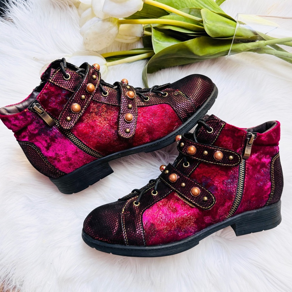 Red velvet steampunk ankle boots